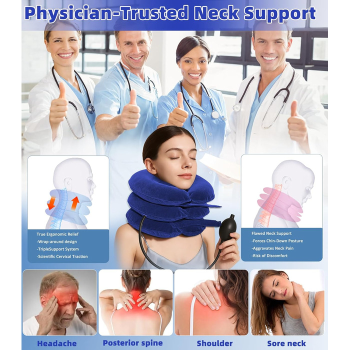 Регульований носильник для шиї надувна подушка для шиї з маскою для сну, підтримка шиї для шийного відділу хребта та полегшення болю в шиї для подорожей, роботи та кемпінгу (синій) Синій 1