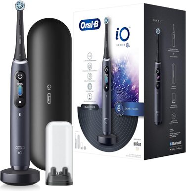Електрична зубна щітка Oral-B iO Series 8, 6 режимів чищення зубів, магнітна технологія, кольоровий дисплей і дорожній футляр, чорний онікс