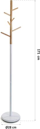 Мінімалістична вішалка для одягу Versa Malm для вхідної зони, з 9 гачками для одягу або сумок, розміри (В x Д x Ш) 171 x 28 x 28 см, метал та дерево, колір білий