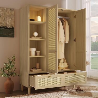 Шафа з 2 дверима та плетінням з ротанга в сільському стилі, під дуб, відкрита полиця, полиці, вішалки для одягу, 2 шухляди, пристрій проти перекидання (180x120x50 см) 180x120x50 см