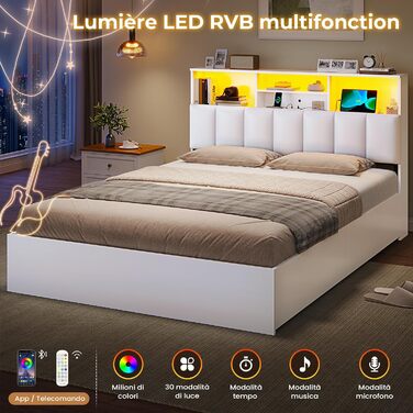 Ліжко AOGLLATI 140200 см, М&39яке ліжко із зарядною станцією та світлодіодним освітленням, Двоспальне ліжко з місцем для зберігання речей та узголів&39ям для зберігання речей, 4 шухляди, Рейкова основа, без матраца (для матраца 140 x 200 см), Білий 140 x 