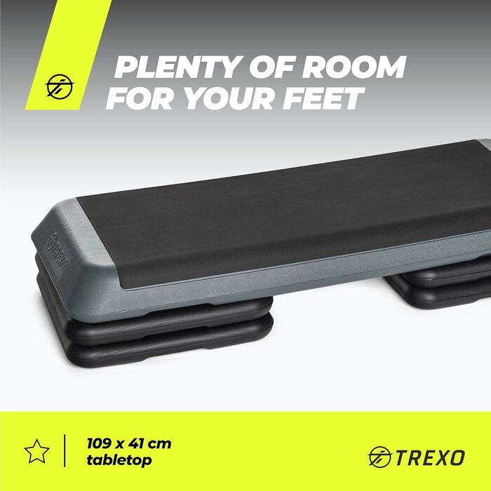 Степер TREXO для аеробного фітнесу для кардіотренувань, аксесуар для домашнього спортзалу з регульованою висотою (10, 15, 20 см), підходить для тренувань до 250 кг, чорний/рожевий, 109 x 41 см, TRX-AS01 сірий