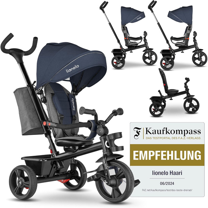 Триколісний велосипед LIONELO Haari 2в1 з ручкою від 18 місяців до 25 кг, вперед і назад, безкамерні гумові шини, вільний хід, кош