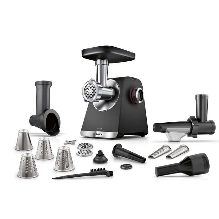 Електрична м'ясорубка Bosch MultiPower Serie 6 MFWS660B, 2100 Вт, нержавіюча сталь, 3 диски (3, 4.5, 8 мм), насадки для ковбас, кеббе та тертя, соковижималка, чорна