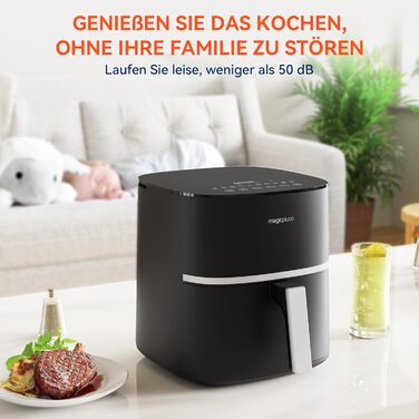 Фритюрниця magicplux 5.5 л XXL, фритюрниця 1500 Вт з 13 попередньо запрограмованими, з цифровим світлодіодним сенсорним екраном, технологія рівномірного нагрівання X CYCLONE AIR, з 21 рецептом, можна мити в посудомийній машині, чорний без вікон