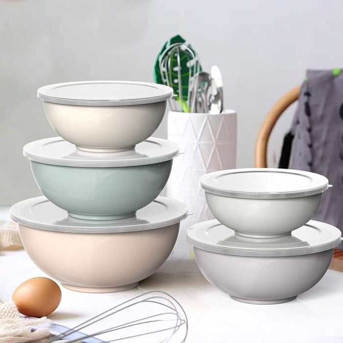 Набір мисок для змішування AIKKIL з 6 шт. , пластикова салатниця Nist з кришкою, миска з кришкою, містить 2 виделки та 4 мірні лож