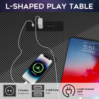 Ігровий стіл 210 x 50 см з розеткою та USB-портом, 3 варіанти встановлення, L-подібний ігровий стіл з полицею для монітора, ігровий стіл для ПК з карбоновою поверхнею