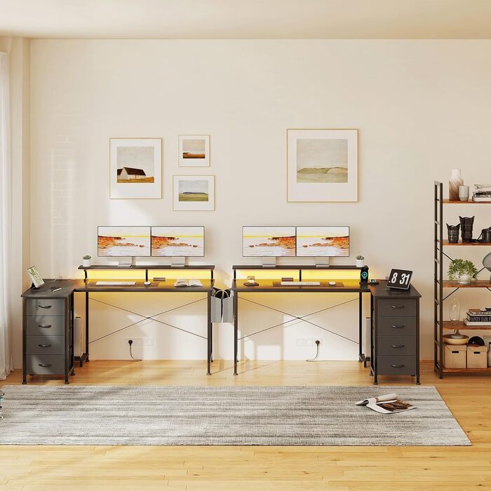 Г-подібний ігровий стіл VERMESS з 4 шухлядами, 160 см, двосторонній, столи для домашнього офісу з розетками, Г-подібний комп&39ютерний стіл з портом зарядки USB та підставкою, кутовий стіл 160,02 см чорний