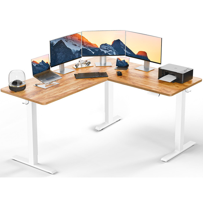 Електрично регульований по висоті L-подібний стіл 160 x 140 см, L-подібний стіл з одним двигуном, кутовий стіл з регулюванням висоти та 4-позиційним керуванням пам&39яттю 160 x 140 см, колір світлого вінтажного дерева