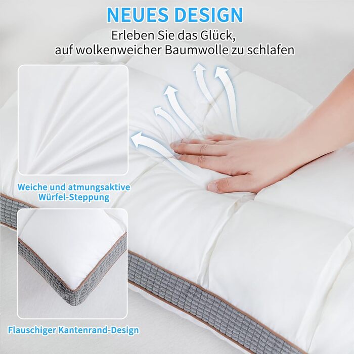 Подушка YOUR MOON 40x80 см Мяка та зручна готельна подушка для сну на боці та спині Подушка з 3D стьобаним дизайном, дихаюча бавовняна подушка, сертифікована Oeko-TEX, біла 40 x 80 см