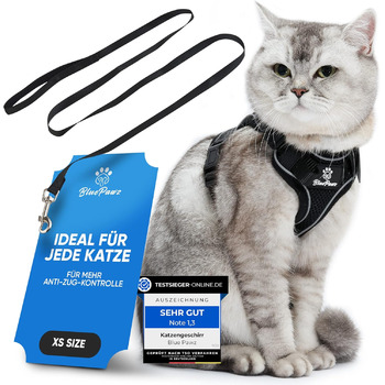 Шлейка для котів Blue Pawz з повідком - 170 см Шлейка для котів, захищена від втечі та високоякісна Повідець зі шлейкою для котів Шлейка для котів для незабутніх моментів (XS), чорна