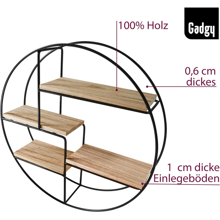 Настінна полиця Gadgy кругла - Настінна полиця з 4 полицями - Настінна полиця з дерева та звареного надтовстого металу - Оздобленн