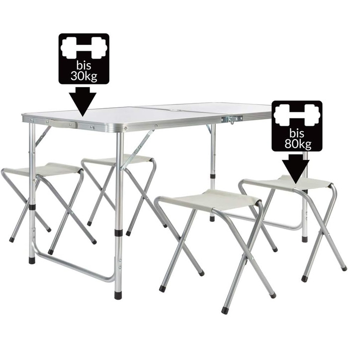 Складаний стіл CASARIA, водонепроникний, регульована висота, кемпінговий стіл зі стільцями, садовий стіл, розкладний стіл, 120x60 см, складний, легко транспортується, 4 особи, білий