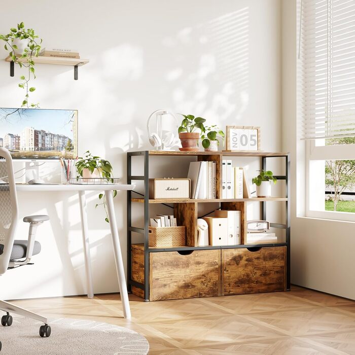 Книжкова полиця Dripex з 2 шухлядами, книжкова шафа з 7 відділеннями з дерева та металевого каркасу, окремостояча кубічна полиця для спальні, вітальні, кабінету, офісу, 33 x 100 x 90 см, промисловий дизайн, ретро