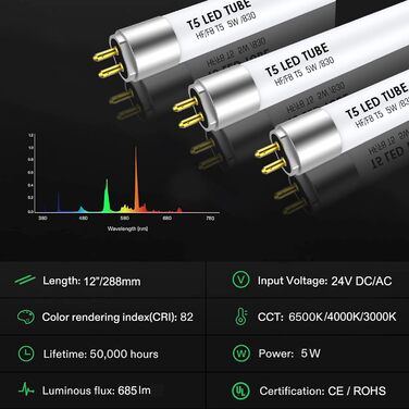 Світлодіодна трубка IHYCTV T5 288 мм, 5 Вт, світлодіодні трубки G5 для електронного баласту, 3000 К, 685 лм, модернізована заміна класичної люмінесцентної лампи T5 L 8 Вт, 24 В DC/AC, тепле біле світло, 3 шт.