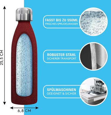 Преміальна пляшка з нержавіючої сталі 0,6 л ПРОСТО ВІЗЬМІТЬ З СОБОЮ сумісна з SodaStream Crystal - Безпечний для вуглекислого газу - Можна мити в посудомийній машині - Пляшка для пиття з нержавіючої сталі - Червоне порошкове покриття