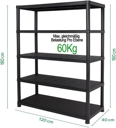 Пластиковий стелаж Ondis24 антрацитового кольору, 120 x 40 x 180 см міцний стелаж без болтів з 5 полицями, 60 кг на полицю полиця для зберігання, полиця для підвалу, полиця для майстерні, полиця для зберігання в гаражі та коморі