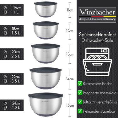 Миска з нержавіючої сталі Winzbacher з кришкою Набір з 5 шт. 1 л 1,5 л 2,5 л 3,5 л 4,5 л Миска для змішування, Салатниця, Набір ми