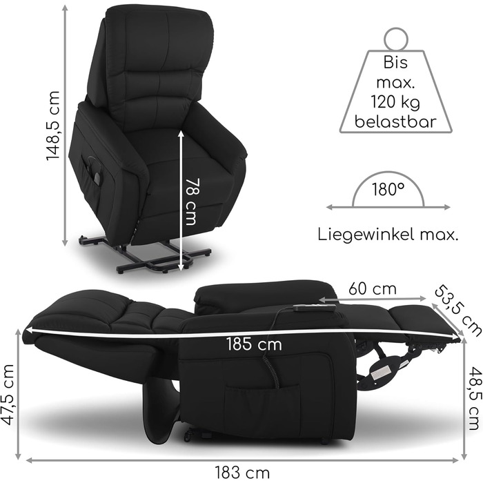 Крісло під телевізор MACOShopde від MACO Mbel Raburg з функцією підйому та відкидання, електрично регульоване з 2 двигунами та дистанційним керуванням, пружинна основа з кишеньковим механізмом, елегантна штучна шкіра Jan Black Чорна штучна шкіра