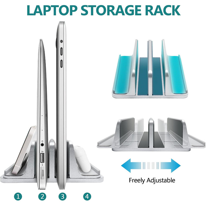Вертикальна підставка для ноутбука з металу, подвійне регулювання, 4 слоти, для MacBook, HP, Chromebook до 17.5 дюймів (44.5 см) срібляста