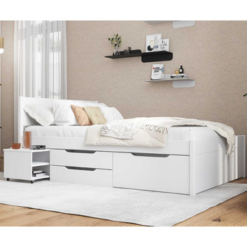 Ліжко з шухлядами - Двоспальне ліжко 140x200 см - Двоярусне ліжко з місцем для зберігання - Масив сосни - 2 шухляди та 1 коробка для зберігання - Включає рейкову основу - Білий лак - Efetivo 140x200 см 140 x 200 см Efetivo White з узголів&39ям