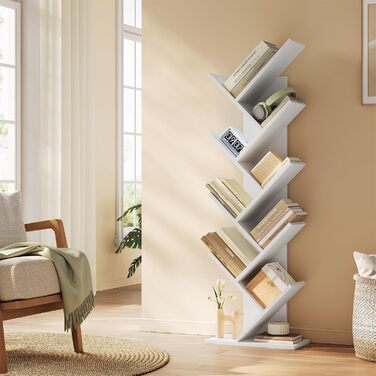 Книжкова полиця EUGAD у формі дерева, окремостояча полиця для CD/DVD з 9 полицями, полиця для зберігання, кутова полиця для спальні, вітальні, 40x127x20 см, білий