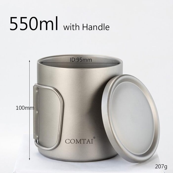 Титанова кружка, портативна, з подвійними стінками, титанова чашка для води, для використання на відкритому повітрі, надлегка, кемпінгова чашка для води з кришкою для використання в приміщенні та на вулиці, для кемпінгу, подорожей, офісу (з ручками, 550 м