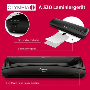 Ламінатор Olympia A 330 Гаряче та холодне ламінування Ламінатор до A3 Захист від бульбашок Ламінатор Ідеально підходить для офісу, школи та домашнього офісу Ламінатор з пакетами для ламінування (один)