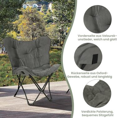 Складаний кемпінговий стілець eSituro, м&39який складний стілець, рибальський стілець з сумкою для перенесення, складний садовий стілець, стілець рибалки, форма метелика, виготовлений зі штучної замші та тканини Оксфорд, 84x88x67 см 1