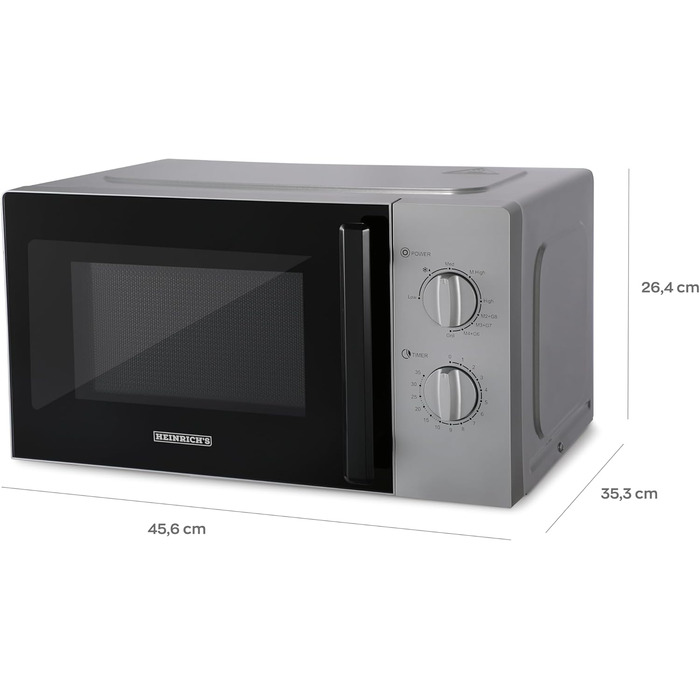 Мікрохвильова піч HEINRICHS, компактна мікрохвильова піч, об'єм 20 л, 9 рівнів потужності, в т.ч. таймер 35 хв., функція розморожування, внутрішнє освітлення, поворотний стіл на 360, з функцією гриля, потужність 1000 Вт, Heinrich's (срібло)