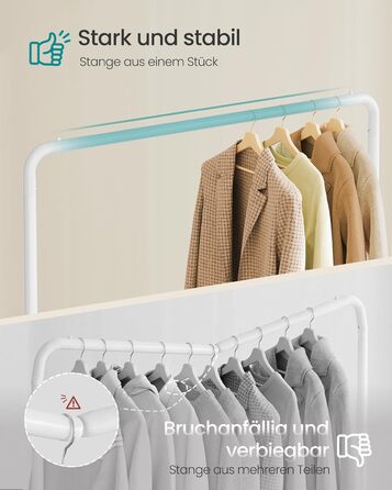 Вішалка для одягу SONGMICS, Штанга для одягу на колесах, Підставка для гардеробу, 2 колеса з гальмом, Спальня, Вантажопідйомність до 50 кг, 38 x 110 x 141,5 см, Матовий білий HSR016WG01 Матовий білий, одинарна рейка