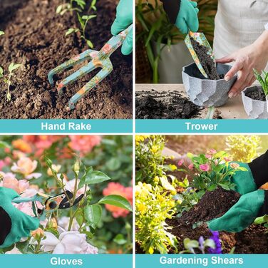 Набір садового інструменту з квітковим принтом (4 шт.) ідеальний подарунок для садівників, включає лопатку, секатор, граблі, рукавицю та інші аксесуари для догляду за садом, колір зелений