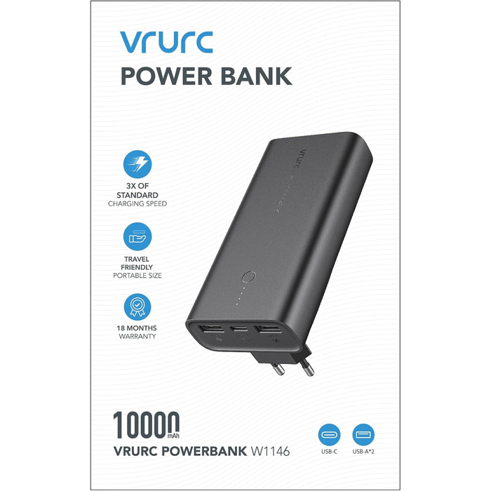 Швидка зарядка, 10000mAh Power Bank Socket AC Зовнішня батарея USB C PD QC3.0 Портативний зарядний пристрій Складаний адаптер живлення Сумісний з iPhone Samsung Huawei Смартфон, 22.5W