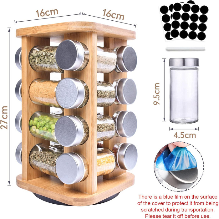 Полиця для спецій Frasheng, карусель спецій, підставка для спецій з натурального дерева, стійка для спецій, карусель спецій з 16 п