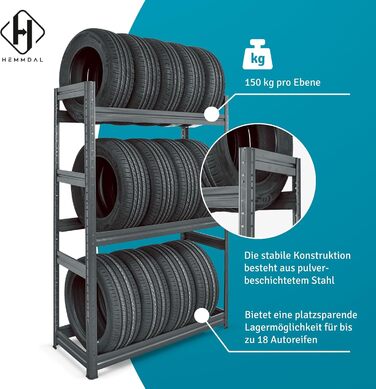 Стійка для шин - вантажопідйомність 450 кг - ВxШxГ 177 x 120 x 50 см - Міцна стійка до 18 шин - Графітово-сірий колір - Зроблено в ЄС - Міцна стійка для дисків для гаража, підвалу, складу та майстерні