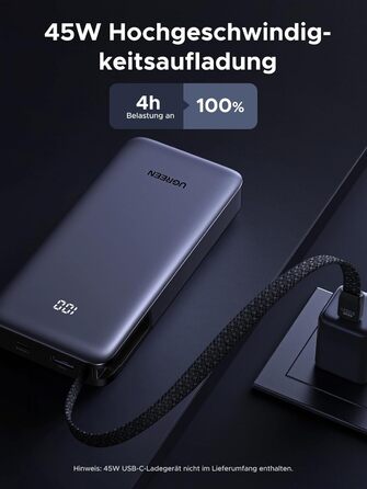 Зовнішній акумулятор UGREEN Power Bank, швидка зарядка 20000 мАг 45 Вт з вбудованим кабелем USB-C та двонаправленою зарядкою 45 Вт, сумісний з Galaxy S25 Ultra/S25, iPhone 17/16 серії, iPad, ноутбуком та іншими пристроями