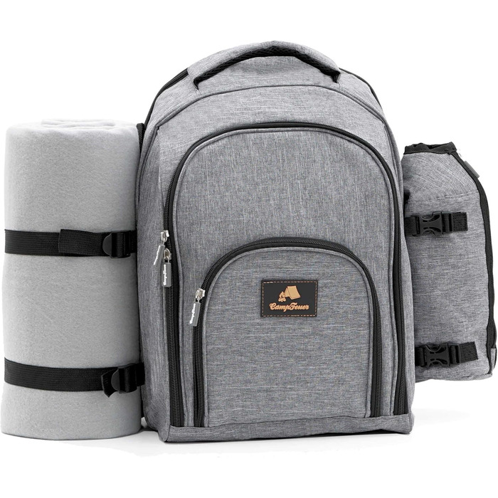 Рюкзак для пікніка CampFeuer з 32 предметів Набір для пікніка для 4 осіб Сірий з тримачем для пляшок, ковдрою для пікніка, відділенням для холодильника та посудом для кемпінгу Рюкзак для відпочинку, рюкзак для кемпінгу