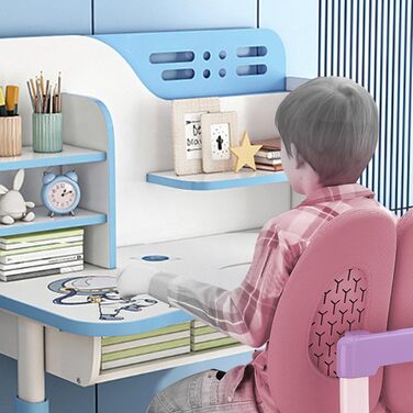 Дитячий комплект стільців для роботи з регульованою висотою з візерунком космонавта, ергономічний стілець з великою дошкою для письма, книжковою полицею та шухлядою, синій, комплект з 2 предметів