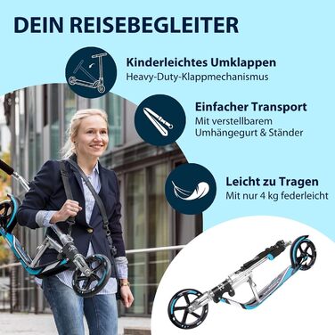 Самокат HUDORA BigWheel 205 стабільний алюмінієвий міський самокат, складаний, з регулюванням висоти та підніжкою, для дітей та дорослих до 100 кг, синій/чорний