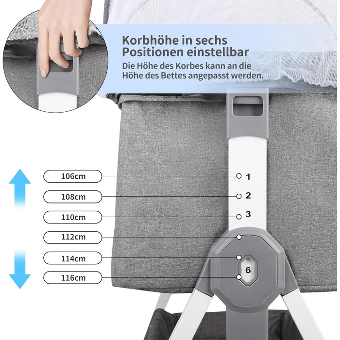Дитяче ліжечко Side-by-Side, дитяче ліжечко 2-в-1 від народження до 25 кг, додаткове ліжко з 6 регулюваннями висоти, з матрацом/відкидною бічною панеллю/колесами, ліжечко з сітчастої тканини - 80 x 40 x 100-115 см - льон 80 x 40 x 100-115 см - льон