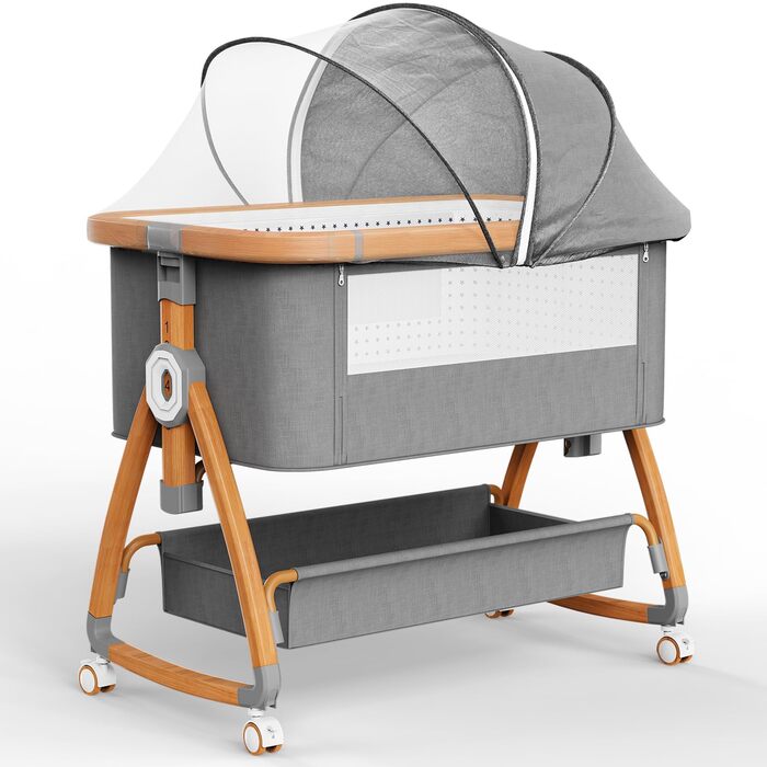 Дитяче ліжечко-тумбочка, дорожнє ліжечко 3-в-1, 6 регульованих рівнів висоти з матрацом та колесами з гальмами, підходить для дітей від 0 до 6 місяців, для дому та подорожей