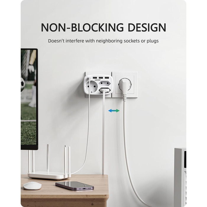 Розетка 7 в 1 адаптер для декількох розеток, 3 відділення подвійний євро і 1 вилка Schuko з 3 USB і USB-C з'єднаннями, подвійна ви