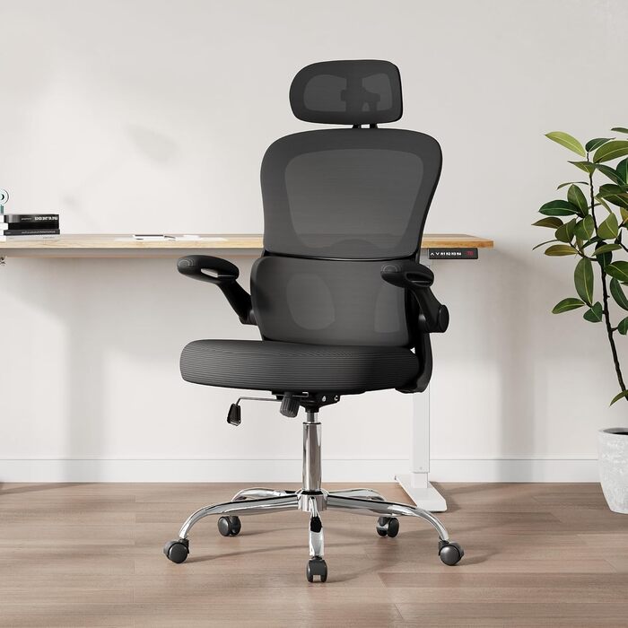 Ергономічне офісне крісло DEVAISE, письмове крісло з поперековою опорою, 3D-підголівник, підлокітники, що складаються на 90, та дихаюча сітчаста спинка, функція гойдання для офісу та домашнього офісу, до 150 кг, чорний колір