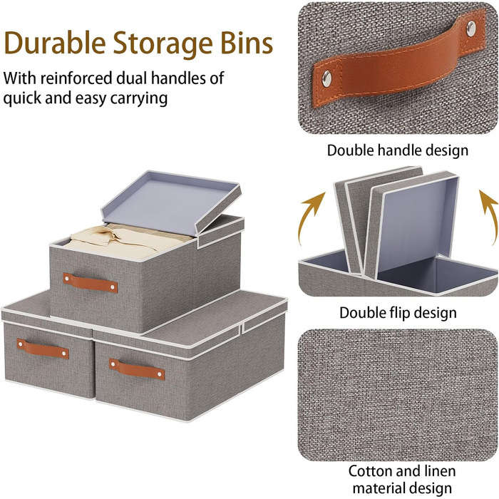 Набір із 3 коробок для зберігання, коробки для зберігання зі знімними кришками, коробки-органайзери для книг та одягу, неткане полотно, можна прати, 33x23x14 см, сірий 33x23x14 см (3 шт.) сірий