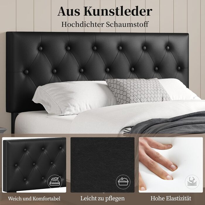 Ліжко Yaheetech з м&39якою оббивкою 140 x 200 см, двоспальне ліжко з 2 шухлядами, узголів&39ям з регульованою висотою, м&39яке ліжко з рейковою основою, багато місця для зберігання, чорний колір