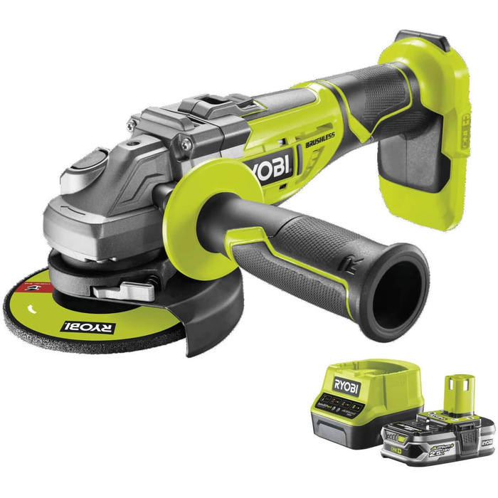 Безщіткова акумуляторна кутова шліфувальна машина Ryobi ONE 18 В R18AG7-0 з літій-іонним акумулятором 2,5 Ач та швидким зарядним п