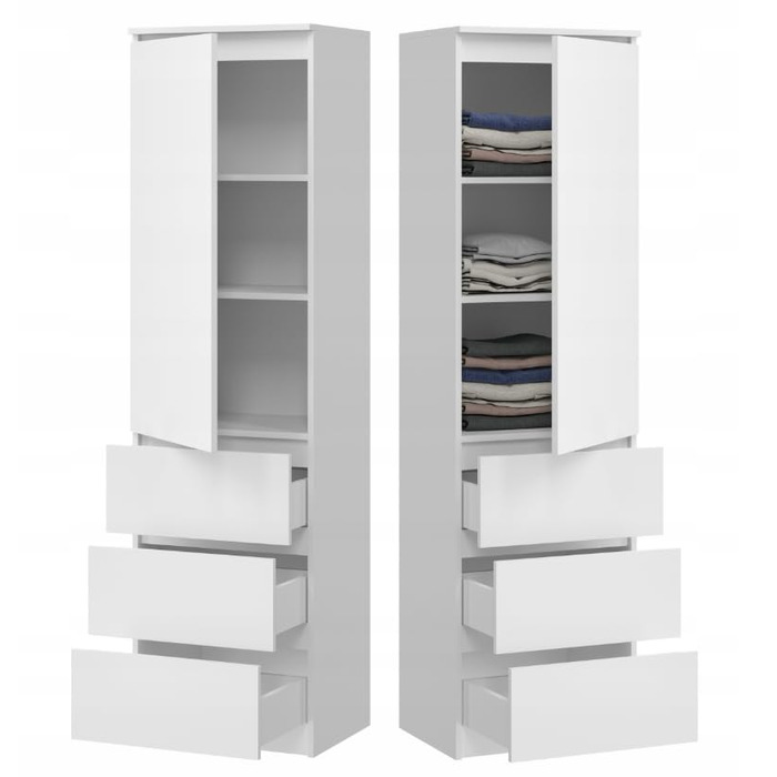 Шафа з шухлядами - Шафа з 3 шухлядами та полицями - Шафа шириною 50 см, висотою 180,5 см, глибиною 40 см - Спальня, дитяча кімната, шафа для білизни - Білий