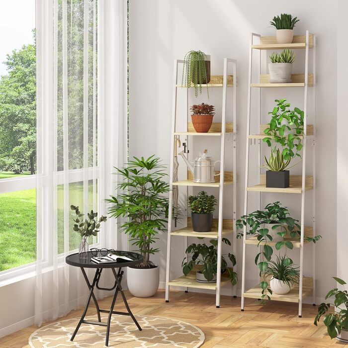 Рівнева полиця для зберігання, кухонна полиця з 4 гачками, книжкова полиця в індустріальному стилі, окремостояча полиця для вітальні/кухні, полиця з МДФ/металу, вузька полиця-драбина, білий колір, 40 x 170 x 36 см, RGB9289whe, світлий дуб білий, 5 полиць 