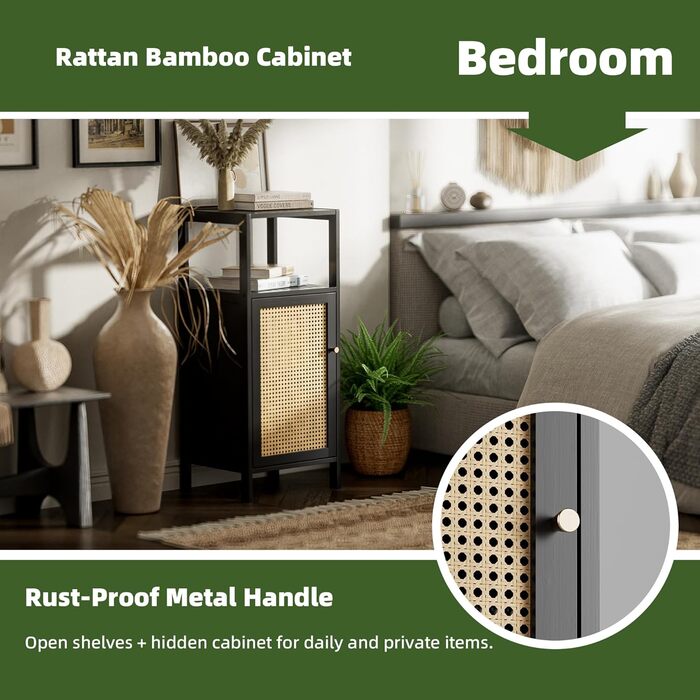 Бамбукова підлогова шафа з ротангом, невелика шафа для зберігання речей у ванній кімнаті з 1 дверцятами та 1 полицею, компактна дерев&39яна кухонна шафа, журнальний столик у передпокій, окремостояча тумба для вітальні (чорна)