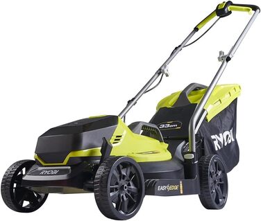 Акумуляторна газонокосарка RYOBI 18 V ONE OLM1833B (ширина зрізу 33 см, 5-позиційне регулювання висоти 25-65 мм, складна ручка, вкл. мульчувальний клин, 35-літровий мішок для трави, без акумулятора та зарядного пристрою в коробці) 33 см ширина зрізу без а